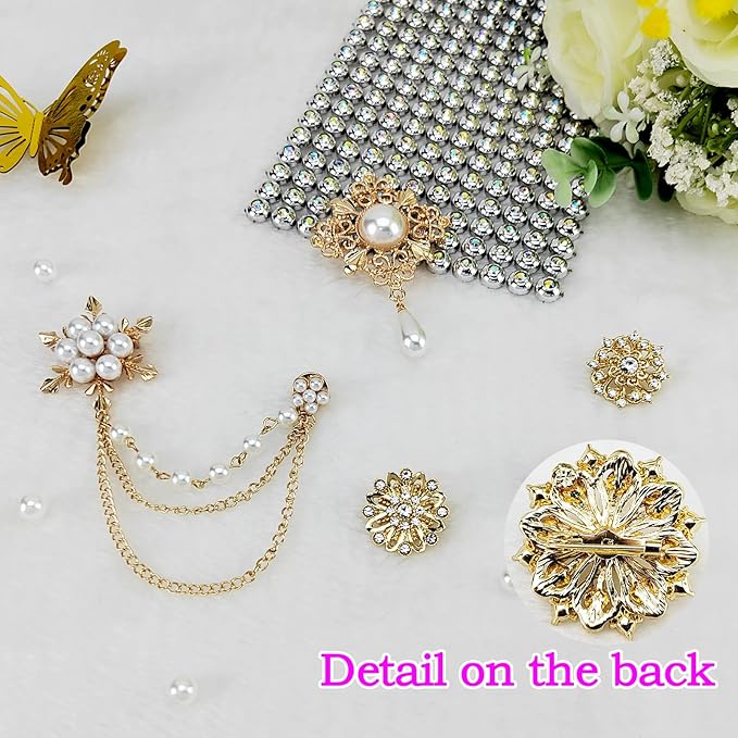Yhsheen Gold Rhinestone Brooches Pin Kits Crystal Pearl Brooches for Bouquets for Wedding Decoration Accessories Jewelry Making Crafts(Gold-14PCS)-A