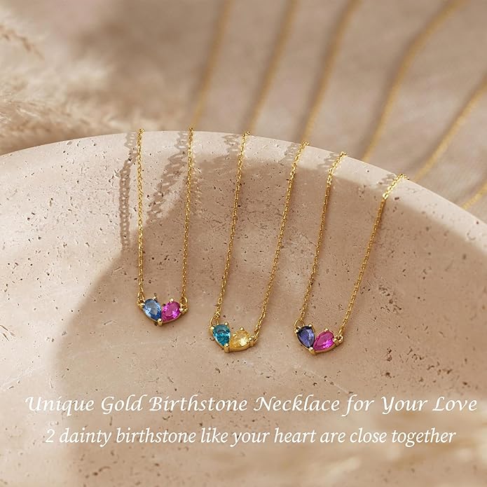 KOHOTA Gold Birthstone Necklace for Women Non Tarnish 14K Gold Plated CZ Heart Pendant Necklaces Dainty 2 Birthstones Emerald Green Charm Necklace for Mother and Daughter Birthday Jewelry Gifts