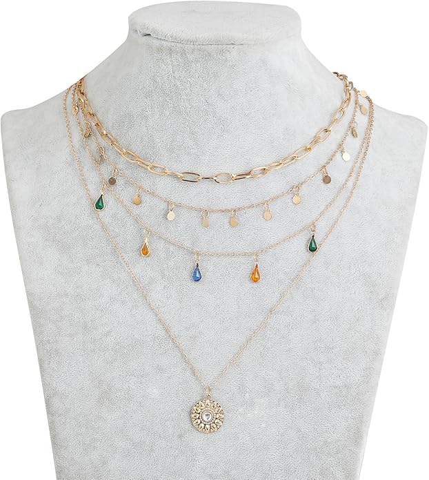 Layered Round Pendant Necklace Gold Plated Dainty Multilayer Choker Layering for Women Necklaces Stylish Minimalist Pendants Simple Chain Stacked Necklace Jewelry Gifts