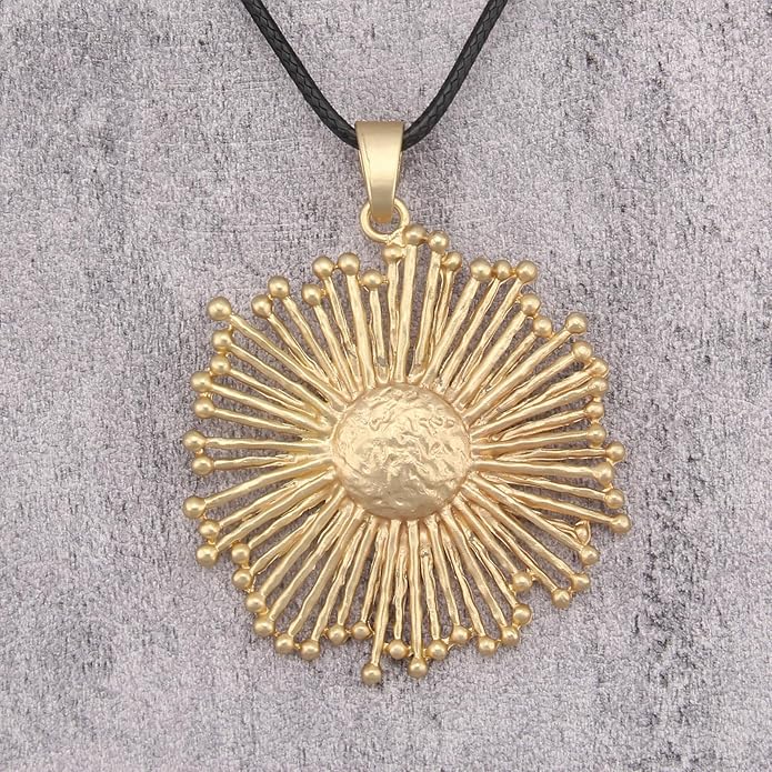 Long Boho Necklaces for Women Vintage Leather Wooden Pendant Y Choker Ethnic Style Gold Circle Hippie Sweater Necklace