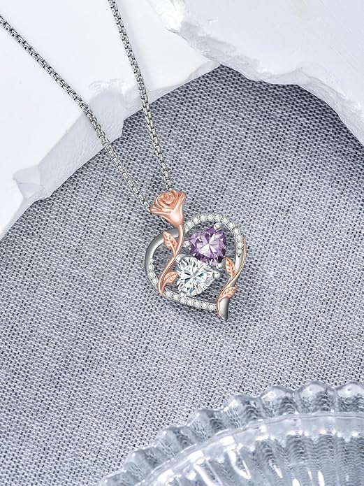 Christmas Gifts for Women Rose Heart Birthstone Pendant Necklace I Love You Forever Jewelry Valentine Mothers Day Birthday Gifts for Women Her Wife Girlfriend