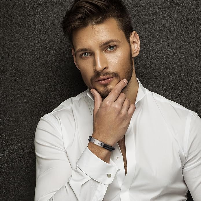 Leather Bracelets for Mens Gifts - Premium Genuine Leather Natural Lava Rock Adjustable Stainless Steel Magnetic Clasp Mens Initial Bracelet, Unique Gifts for Men Husband Dad Son