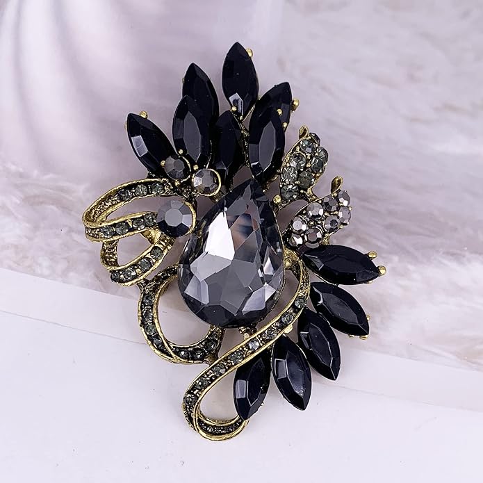 SELOVO Leaf Rhinestone Statement Brooch Pin Dress Jewelry Accessory
