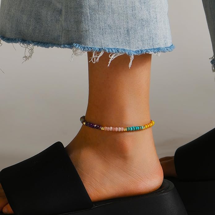 Natural Stone Beaded Anklets Bracelets for Women Handmade Beaded Anklet Bracelet Waterproof Boho Beads Ankle Bracelet Adjustable Summer Jewelry