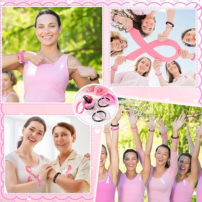 JUNEBRUSHS 64pcs Breast Cancer Awareness Silicone Bracelets Hope Faith Strength Courage Accessories Wristbands for Women Breast Cancer Awareness Gifts Party Supplies Favors (8 Designs)