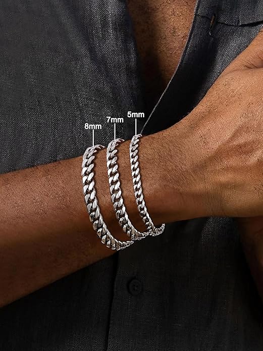 Fiusem Mens Silver Colored Bracelets for Men, Stainless Steel Cuban link Bracelet, 5mm/7mm/8mm Width, 7.1"/7.5"/7.9" Length Jewelry
