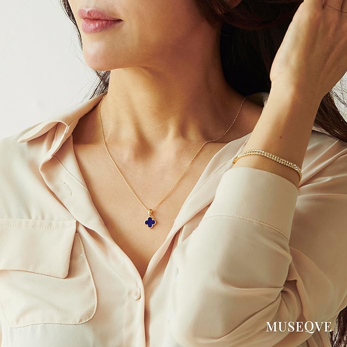 MUSEQVE Four Leaf Clover Necklace for Women Dainty Mother of Pearl White Black Onyx Pink Blue Mint Green Crystal Lucky Clover Pendant 14K Gold Plated Jewelry Gifts [CVRN]