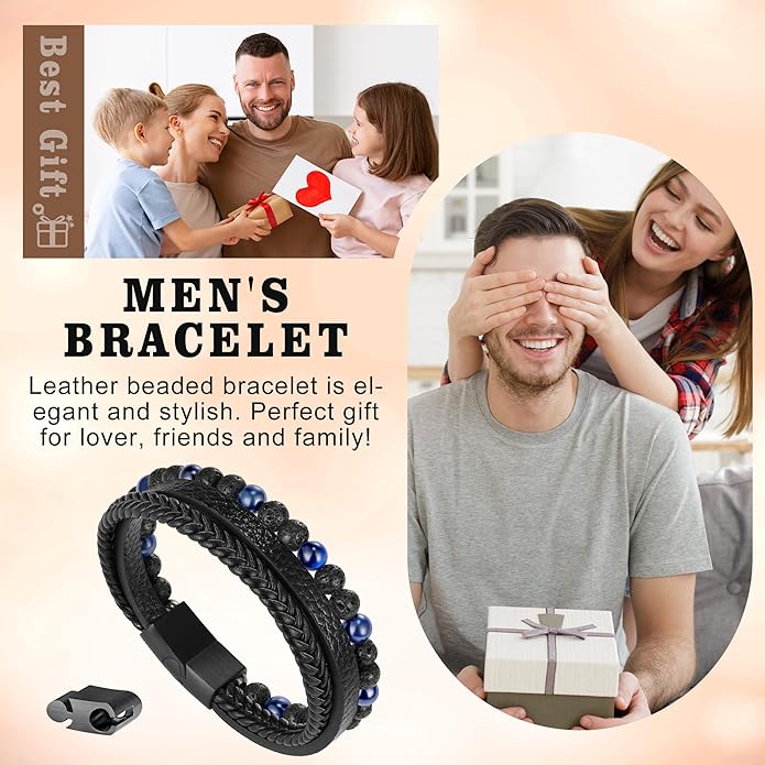 Gifts for Men - Layered Leather Beads Bracelet, Tiger Eye Lava Rock Stone Braided Leather Bracelets for Men Adjustable Magnetic Clasp Birthday Gifts