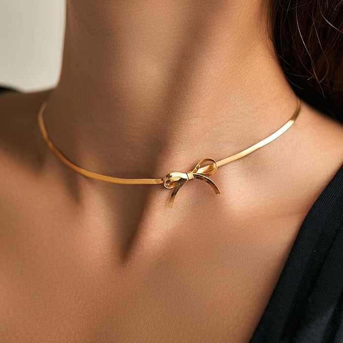 Dainty Gold Butterfly Bow Necklace for Women,18k Gold Plated Choker Necklaces for Women Waterproof & Daily & Simple, Gold Jewelry for Women