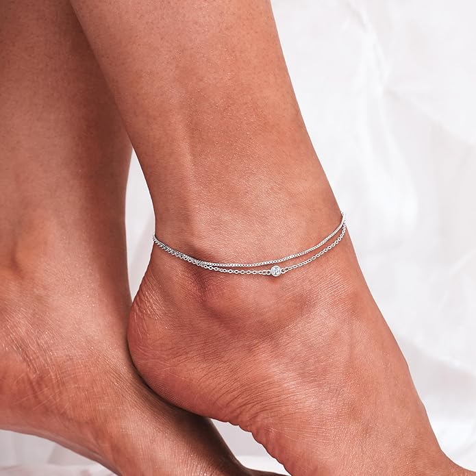 CHIC & ARTSY 925 Sterling Silver Ankle Bracelet Multilayer Anklets for Women Satellite, Star, Cross, Circle, Butterfly, Teardrop, Oval Disk Layered Anklet Beach Jewelry