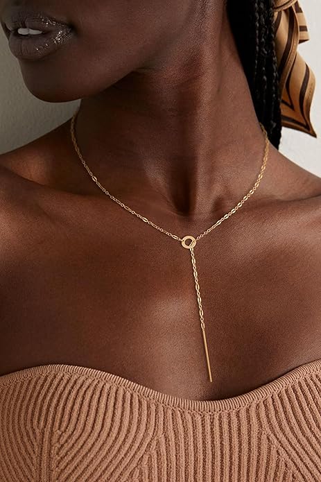 Lariat Necklaces for Women - Dainty Long Necklace Trendy 14K Gold Plated Hypoallergenic Layered Long Y-Shape Sunburst CZ T-Bar Pendant Drop Chain Necklace Set for Women Non Tarinsh Jewelry Gift