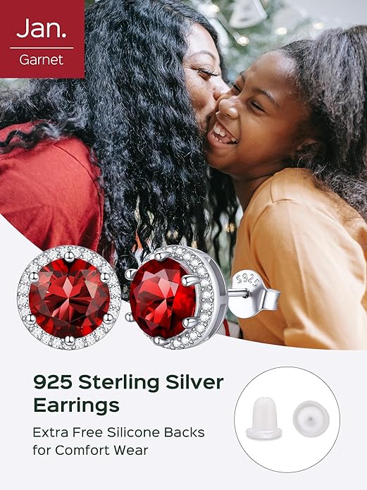 ChicSilver 925 Sterling Silver Birthstone Earrings for Women, 8MM/2 Carat Heart & Round Cubic Zirconia Stud Earrings, Hypoallergenic Jewelry, Ideal Birthday or Christmas Gifts