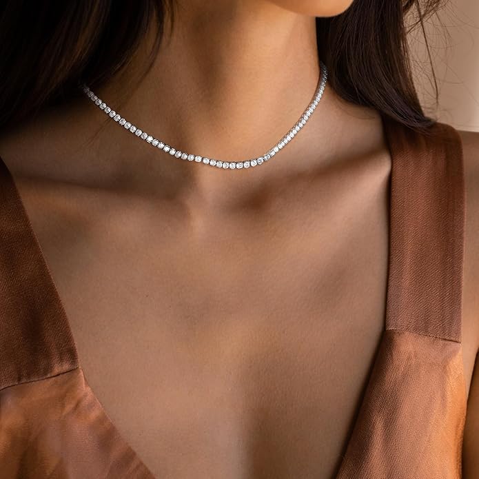Tennis Necklace for Women, 14K Gold/Silver Plated Rhinestone Choker Necklaces for Women, Dainty Cubic Zirconia Cut Faux Diamond Chain