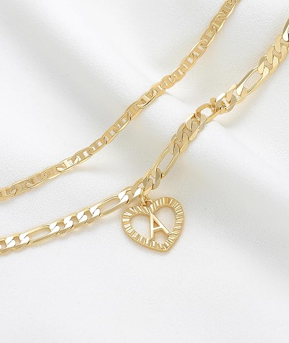 YANODA Initial Ankle Bracelets for Women 14K Gold Plated Layered Figaro Chain Letter Initial Anklets Handmade Layered Heart Ankle Bracelets Personalized Jewelry for Women
