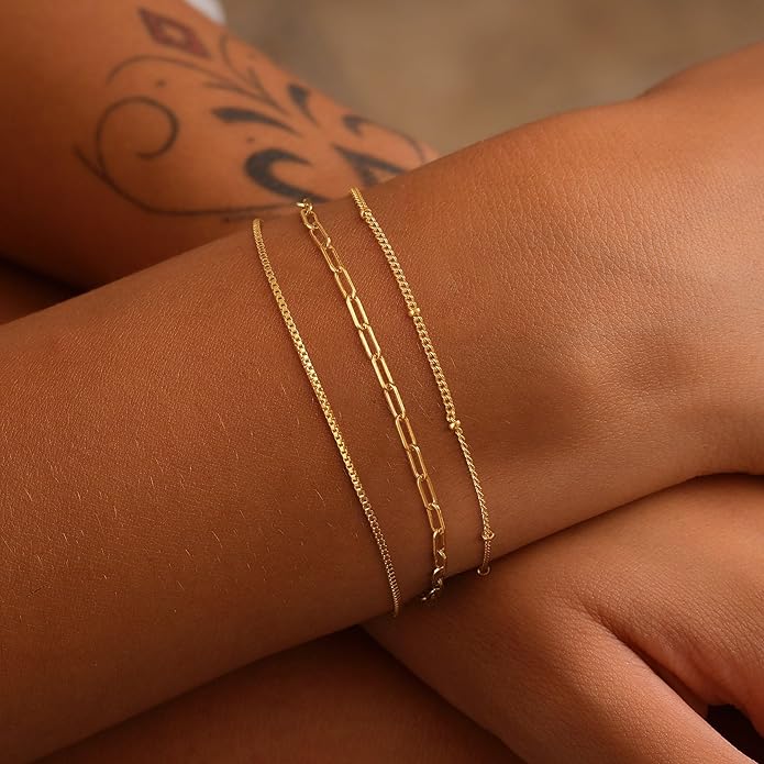 MBW Gold Bracelets for Women Trendy, Dainty 14K Gold Plated Bracelet Stack Beaded Chain Bracelet Set Thin Small Cute Paperclip Bracelets Fashion Waterproof Jewelry Gift Gold Accessories for Women