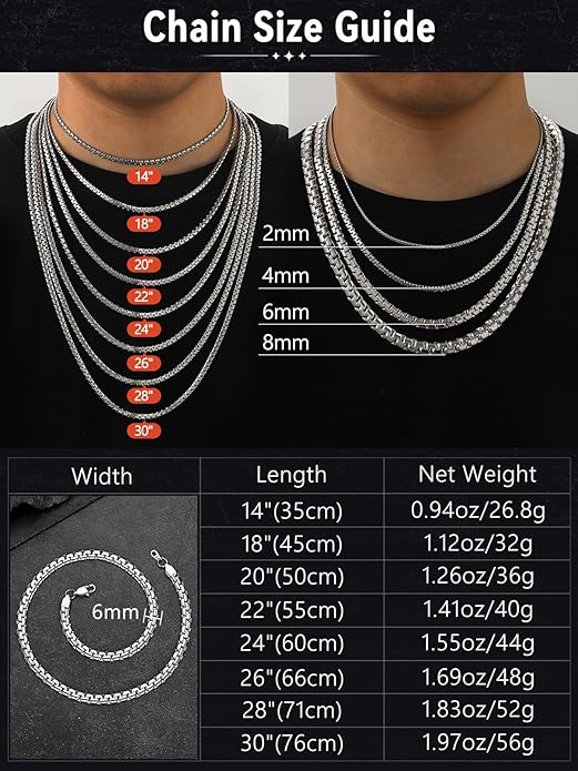 FaithHeart Mens Black/Silver/Gold Stainless Steel Flat Box Link Chain Necklace, Stylish 2/4/6/8mm Width Box Chains Necklaces for Men Non Tarnish Hip Hop Chain Jewelry Gifts,14"-30" Length