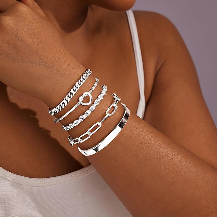 Gold Bracelets for Women Non Tarnish, 14K Gold Plated Chunky Cuff Bracelet Gold Bangles Bracelet for Women Trendy Tie Knot Cuban Rope Paperclip Beaded Bracelet Stack Jewelry Gifts