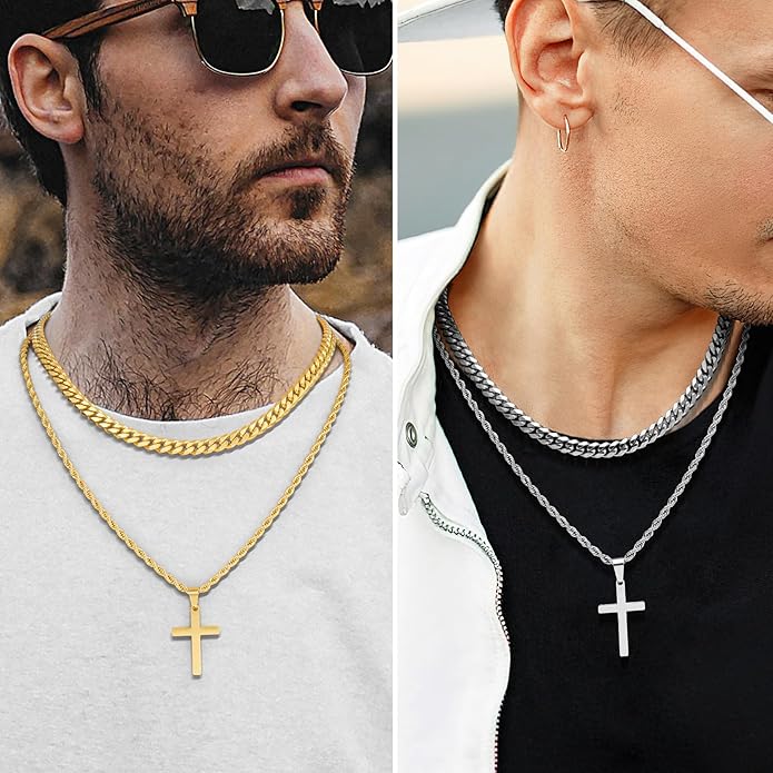 Romass 4Pcs Cross Necklace for Men,Stainless Steel Chains for Men Layered Necklaces Silver Gold Black Pendant Jewelry Box Gifts 18-24 Inches