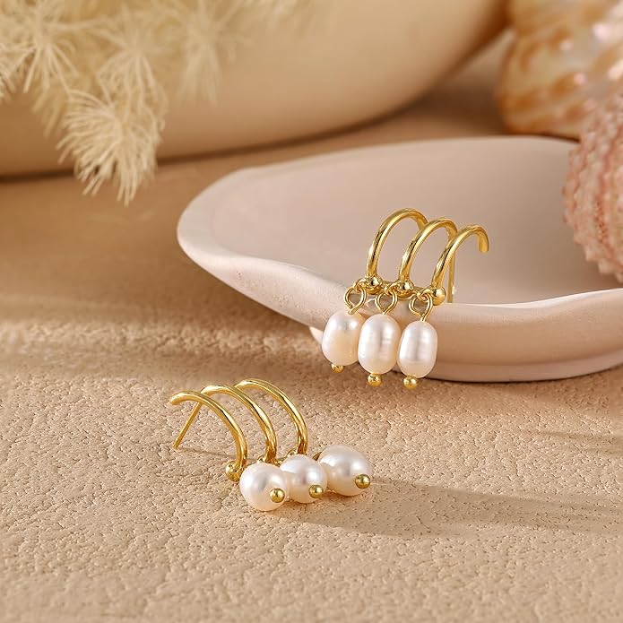 14K Gold Plated Pearl Dangle Earrings for Women, Small Pearl Drop Huggie Hoop Earrings, Hypoallergenic Dainty Gold Wedding Earrings Jewelry Gifts for Women Trendy