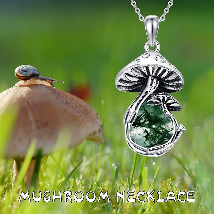 YAFEINI Mushroom Necklace Moonstone/Moss Agate/Malachite/Labradorite/Turquoise/Amber/Larimar/Black Onyx/Lapis Lazuli/Peridot/Opal Sterling Silver Mushroom Pendant Mother's Day Jewelry for Women Mom