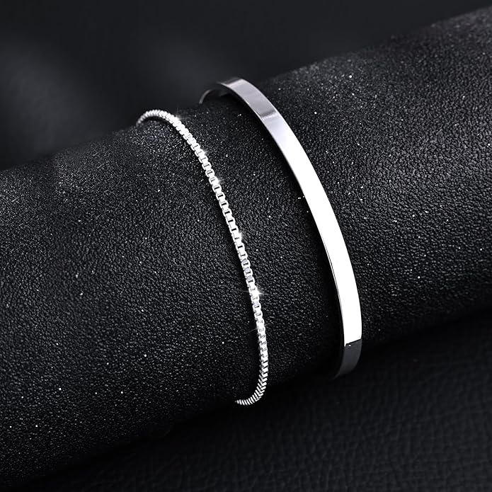 Moodear Stackable Bracelets for Men - Dainty 925 Sterling Silver/14K Gold Plated Cuff Snake Box Cuban Link Chain Bangle Bracelet Set Mens Jewelry