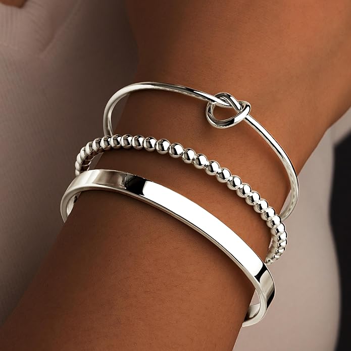 Silver Bracelets for Women Stack, Silver or Gold Plated Cuff Bangle Set, Trendy Silver Jewelry for Women Fashion