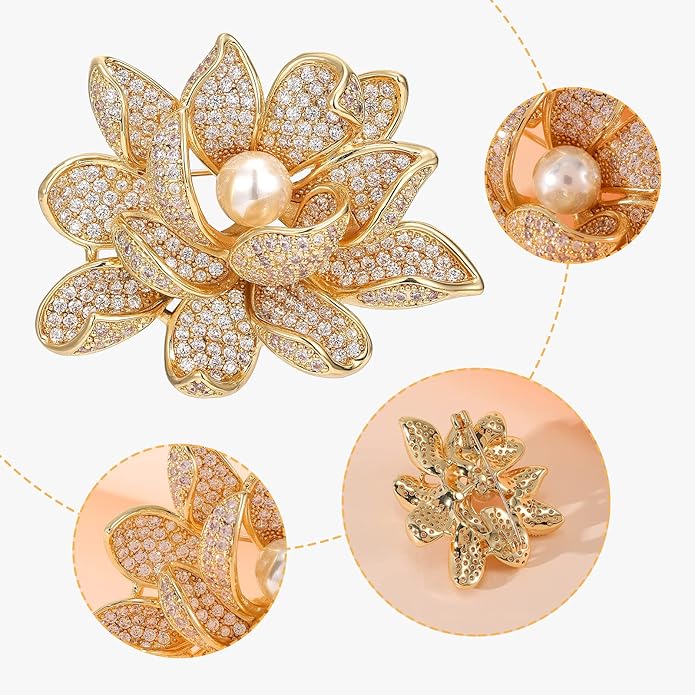 Jerler Sliver Crystal Brooch Pin Rhinestone Lapel Pin Jewelry for Women, Banquet Scarf Pearl Pins for Wedding Bridal Party