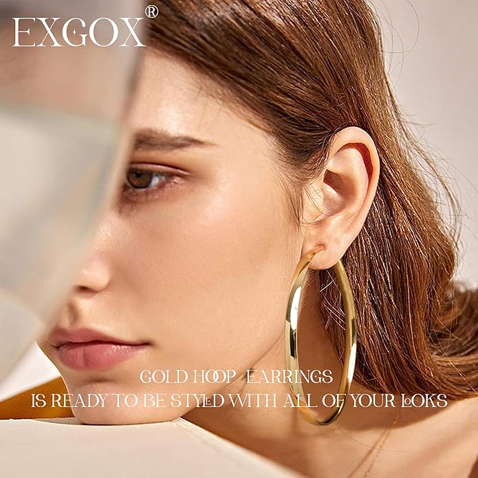 EXGOX 5mm Wide Gold Hoop Earrings for Women,Sterling Silver Hoop Earrings Large Silver Hoop Earrings Hypoallergenic Lightweight 14K Real Gold Plated Big Hoop Earrings for Women 30/40/50/60/70mm