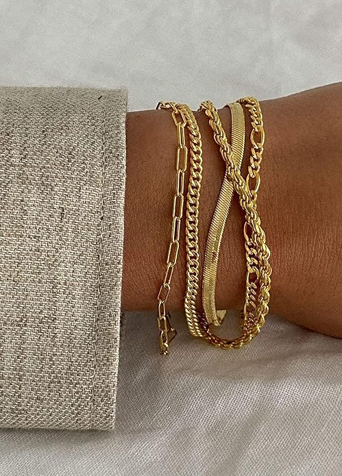 DEARMAY 14K Gold Plated Bracelets for Women Waterproof, Jewelry Sets Trendy Thin Dainty Stackable Cuban Link Paperclip Chain Bracelet Pack Fashion Accessories Gifts for Womens