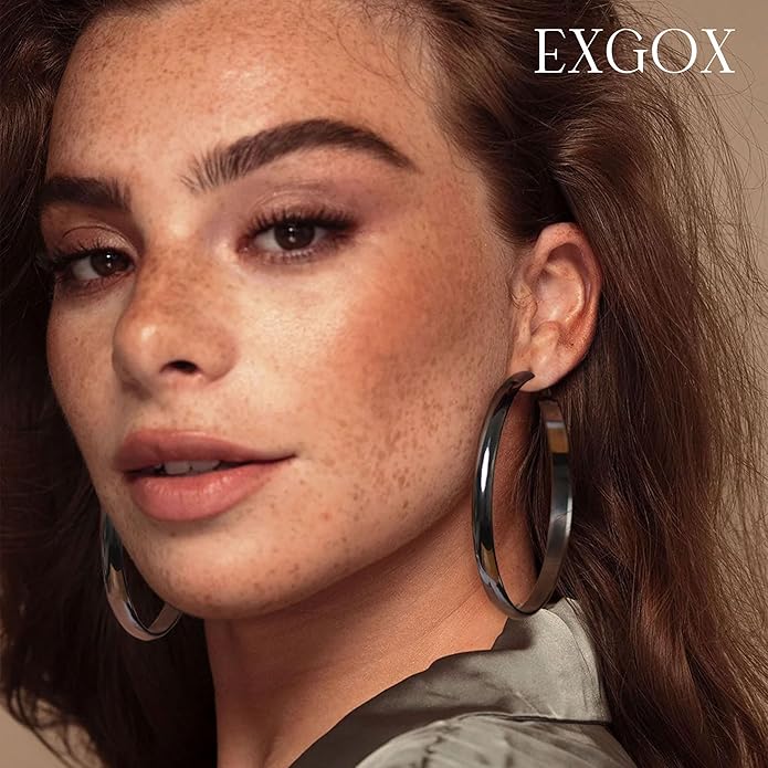 EXGOX 5mm Wide Gold Hoop Earrings for Women,Sterling Silver Hoop Earrings Large Silver Hoop Earrings Hypoallergenic Lightweight 14K Real Gold Plated Big Hoop Earrings for Women 30/40/50/60/70mm
