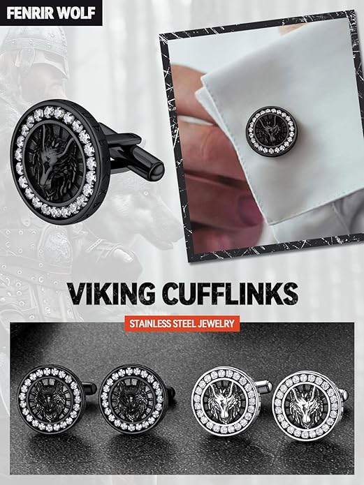 FaithHeart Mens Cufflinks, Norse Viking Tuxedo Shirt Cuff Links, Stainless Steel Cuff Links and Shirt Studs, Gift Box