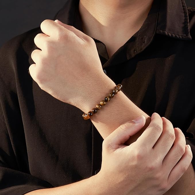 Seyaa Tiger Eye Bracelet, Men Women Stretch Bracelet, Bead Stone Bracelet Valentines Gift for Unisex