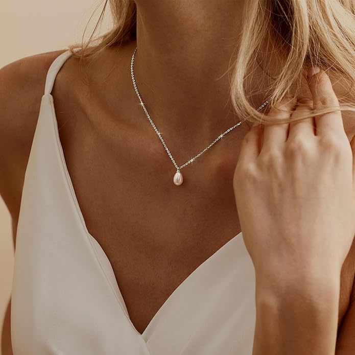 Pearl Necklace for Women Trendy,14k Gold Plated Necklace Dainty Wedding Necklace Small Cute Choker Necklace Beaded Lariat Drop Necklace Vintage Waterproof Jewelry for Women Gold Jewelry Fashion Gifts