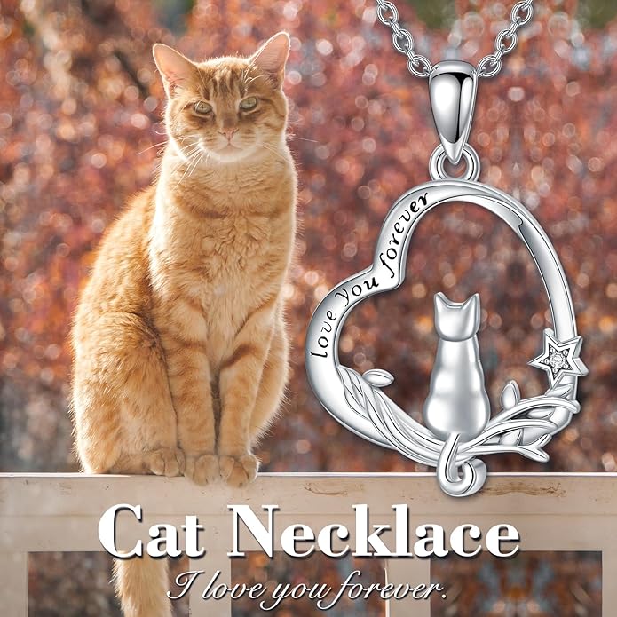 Cat Gifts for Women 925 Sterling Silver Heart Moon Cat Necklace Pendant Women Jewelry Halloween Christmas Gifts