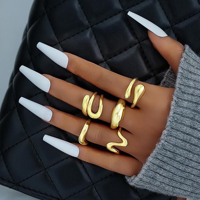 17 MILE Chunky Gold Stackable Rings for Women Non Tarnish, 18K Gold-Plated Statement Open Stacking Rings, Knuckle Band Ring Set