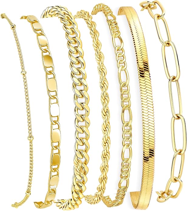 7PCS 14K Gold Plated Bracelets Sets for Women，Dainty Fashion Layered Cuban Link Chain Herringbone Paperclip Chain Bracelets Stack，Trendy Simple Stackable Gold Silver Bracelets Jewelry Gifts
