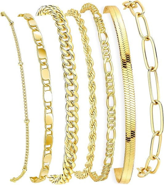 7PCS 14K Gold Plated Bracelets Sets for Women，Dainty Fashion Layered Cuban Link Chain Herringbone Paperclip Chain Bracelets Stack，Trendy Simple Stackable Gold Silver Bracelets Jewelry Gifts