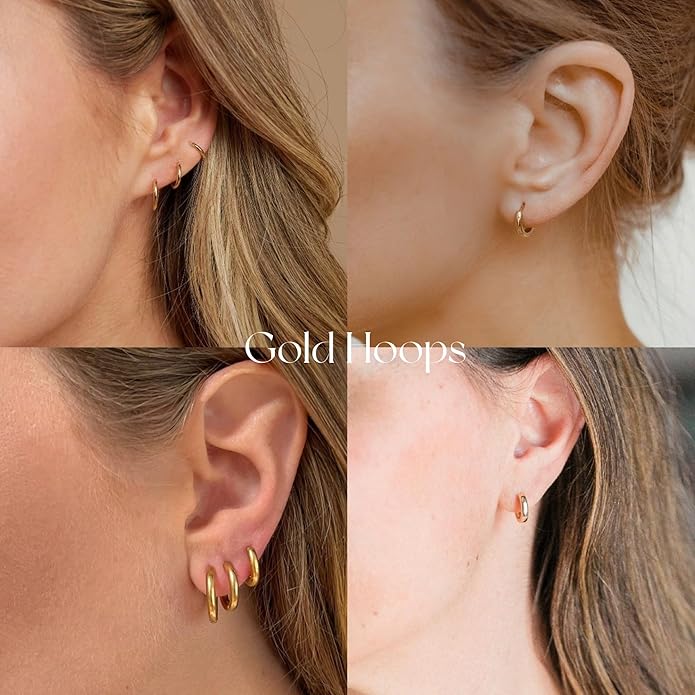 Small Gold Hoop Huggie Earrings Set for Women Non Tarnish 14K Gold Plated Lightweight Cartilage Earring Pack for Multiple Piercings for Sensitive Ears for Christmas Gifts