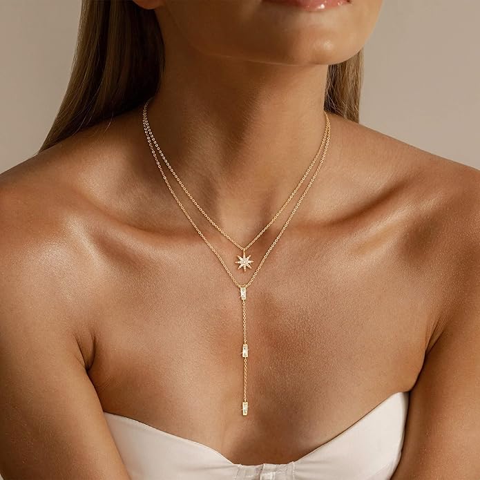 CHESKY Lariat Gold Necklace for Women Trendy, Dainty Long Necklace 14k Gold Plated/Silver Y-Shaped Pendant Necklace Layered Cz Beaded Chain Drop Necklaces Simple Gold Jewelry For Women Gift