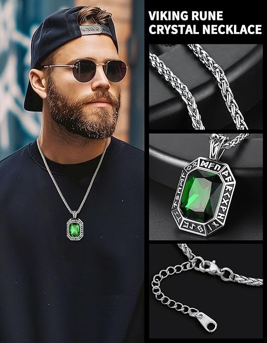 ChainsHouse Viking Rune Pendant Necklace for Men Women, Punk Biker Black Metal/316L Stainless Steel Onyx Norse Vintage Amulet Necklaces with Black/Red/Green/Blue Gemstone, Send Gift Box