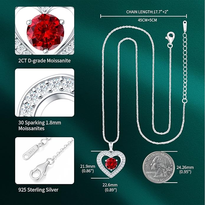 31-Stone Birthstone Heart Necklace for Women | 2ct Moissanite & 30 Sparkling Accents | Valentine's Day, Birthday,Mother's Day, Christmas Gift for Wife, Mother, Girlfriend