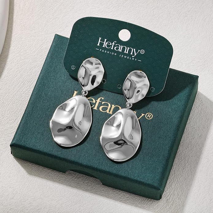 Hefanny Large Hammered Teardrop Dangle Earrings Geometric Chunky Flower Earrings Women's Trendy Statement Jewelry Multiple Styles