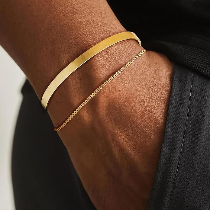 Moodear Stackable Bracelets for Men - Dainty 925 Sterling Silver/14K Gold Plated Cuff Snake Box Cuban Link Chain Bangle Bracelet Set Mens Jewelry