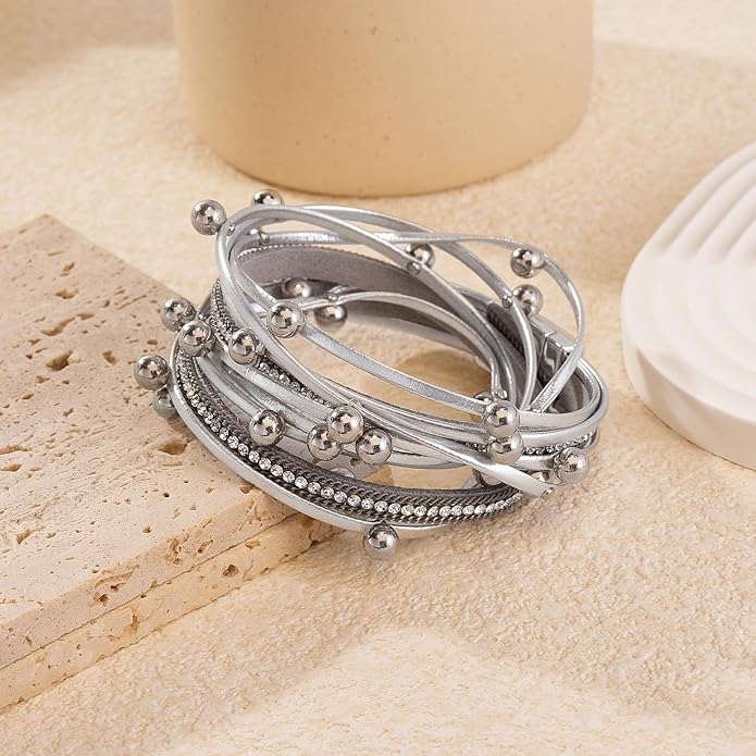 ENGCKSHI Wrapped Bracelets for Women,Leather Bracelet,Boho Bracelets for Women,Multi-Layer Pearl Crystal Bracelet Bangle Jewelry