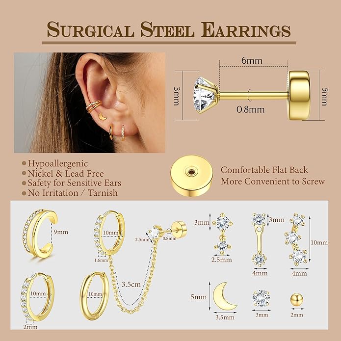 Florideco 14K Gold Plated Earrings for Women Hypoallergenic 20G Surgical Stainless Steel Flat Back Stud Earrings Dainty Stackable Earring Stacks Small Cartilage Earring Sets for Multiple Piercing