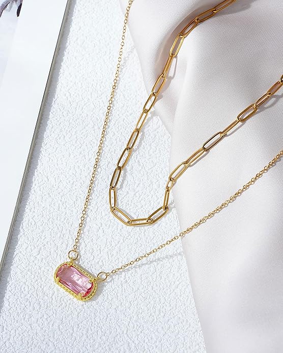 Lourny Gemstone Birthstone Pendant Layered Necklace for Women Trendy, 18K Gold Plated Paperclip Chain Preppy Choker Charm Necklace for Women Wife Jewelry
