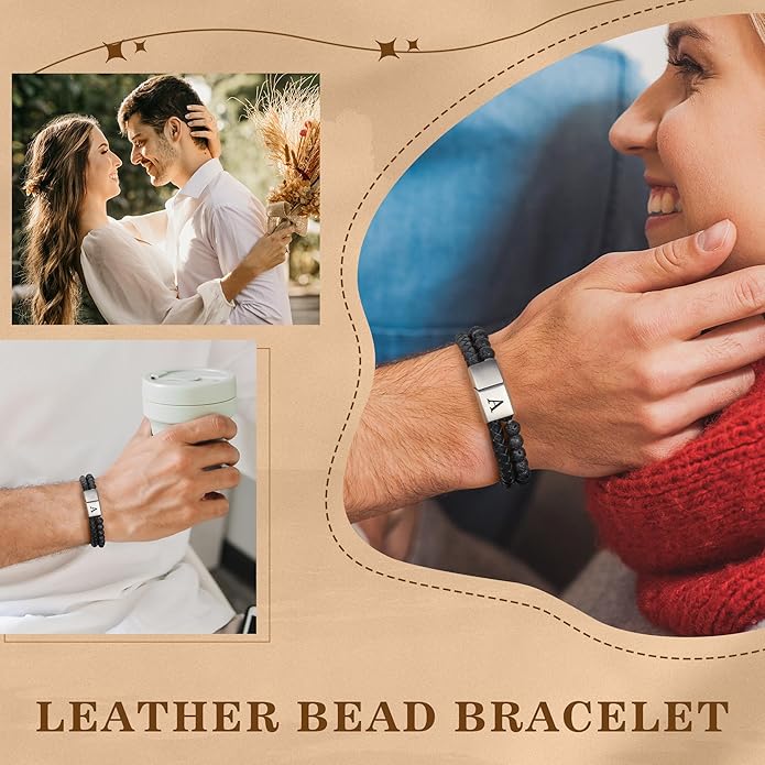 Leather Bracelets for Mens Gifts - Premium Genuine Leather Natural Lava Rock Adjustable Stainless Steel Magnetic Clasp Mens Initial Bracelet, Unique Gifts for Men Husband Dad Son