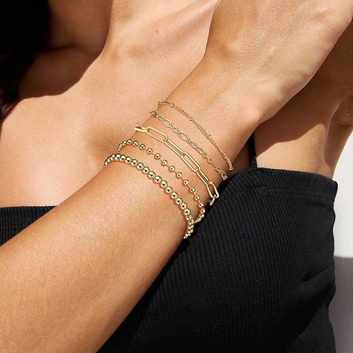 DEARMAY Waterproof Gold Plated Bracelets Set for Women Trendy, Dainty 14K Gold Jewelry Fashion Stackable Tennis Beaded Figaro Herringbone Paperclip Link Bracelet Pack Stack Gifts for Women