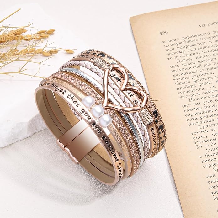 Desimtion Boho Layered Leather Wrap Inspirational Bracelets for Women, Sometimes You Forget Your Awesome Gifts for Women, Teen Girl Gifts Trendy Stuff, Christmas Jewelry for Women Girls