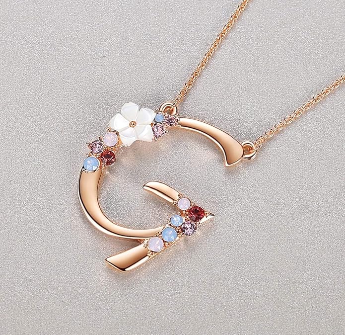 Flower Initial Letter Necklace Pink Red Blue Simulated Pearl Pendant Name Jewelry Made with Austrian Crystals Rose Gold Plated Anniversary Birthday Gifts for Women,18"+2"